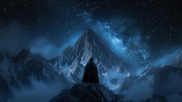 Uma figura está sozinha no cume de uma montanha envolta pelo abraço da noite e pela tapete brilhante da Via Láctea acima Esta imagem poderosa evoca uma sensação de solidão.
