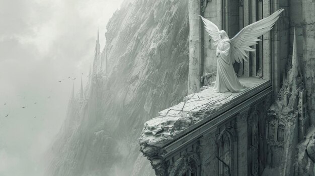 Uma figura etérea meio anjo e meio gárgola está na borda de uma torre quebrada suas asas