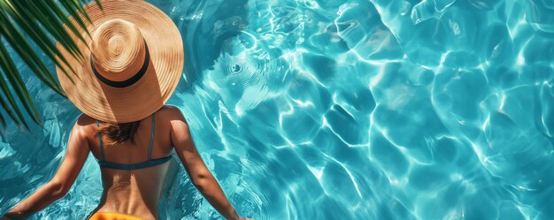 Uma figura feminina elegante e graciosa em uma piscina Banner copia espaço de relaxamento férias e hotel spa