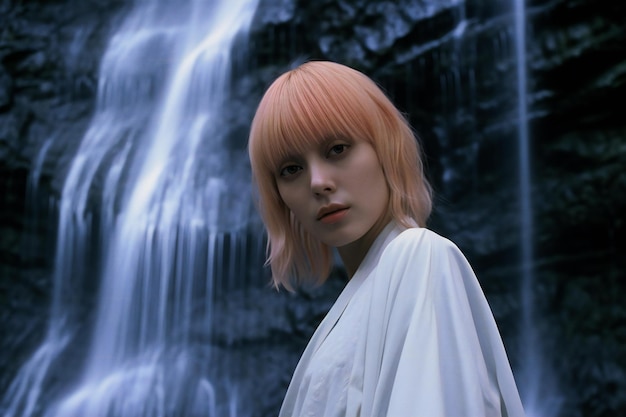 Uma figura feminina na frente de uma cachoeira