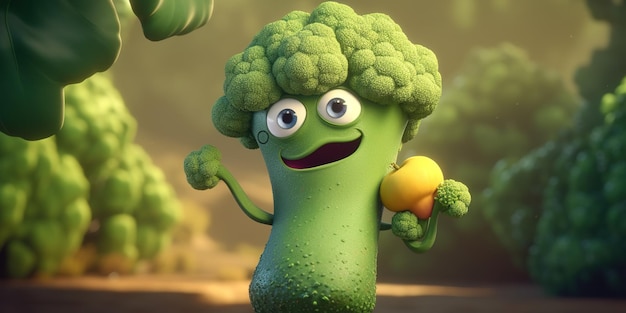 uma figura fictícia de um desenho animado segurando um pedaço de fruta e um vegetal