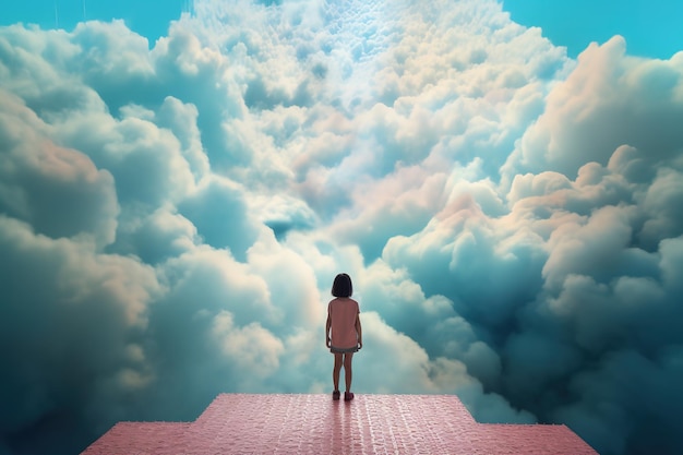 uma figura humana em pé em uma plataforma no meio de um céu nublado