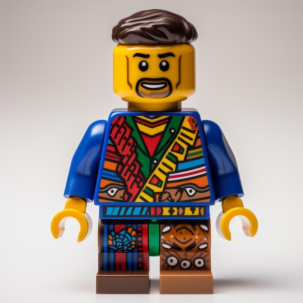 uma figura lego adornada com trajes vibrantes, apresentando uma mistura única de influências orientais e ocidentais. as roupas apresentam texturas e padrões em camadas, combinando elementos de ambas as culturas. capturado