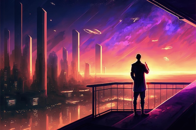 Uma figura masculina olha para fora de uma varanda observando uma cidade futurística iluminada por luzes vibrantes Conceito de fantasia Ilustração pintura IA generativa