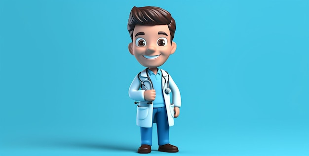 Foto uma figura médica animada com um estetoscópio e um uniforme azul
