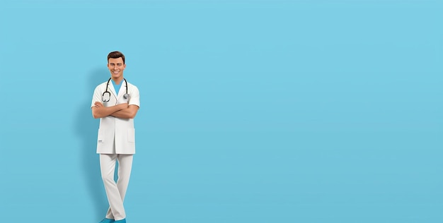 uma figura médica animada com um estetoscópio e um uniforme azul