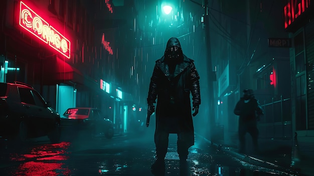 Uma figura misteriosa com um casaco escuro e máscara de gás está na rua encharcada de chuva iluminada pelas luzes de néon piscando da cidade