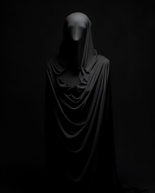 Uma figura negra com uma longa máscara preta fica na frente de um fundo preto