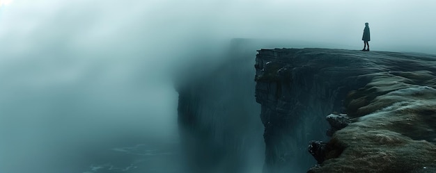 Uma figura solitária de pé na borda de um penhasco envolto em névoa olhando para o abismo abaixo do pano de fundo de nevoeiro giratório adicionando uma atmosfera sinistra e sinistra à cena iluminação silhueta
