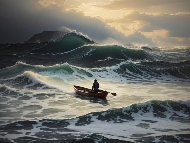 uma figura solitária em um pequeno barco e ondas