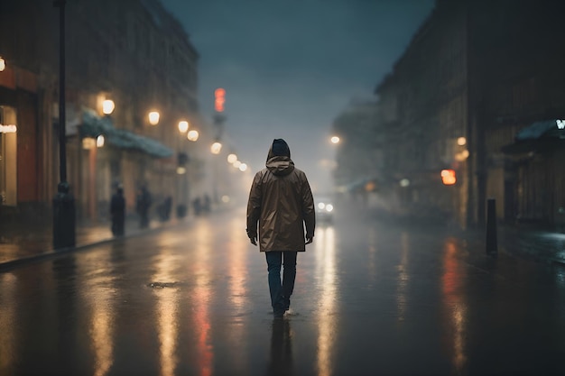 Uma figura solitária enfrentando os elementos caminhando através de uma forte tempestade de chuva