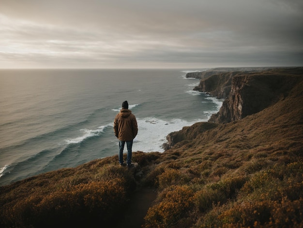Uma figura solitária está de pé na borda de um penhasco com vista para um vasto oceano