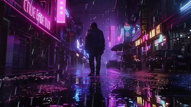 Uma figura solitária está na rua encharcada de chuva de uma cidade futurista as luzes de néon da cidade são refletidas nas poças no chão