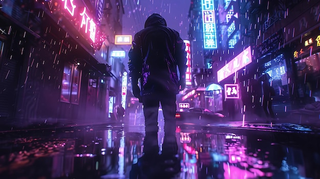 Uma figura solitária está nas ruas encharcadas de chuva de uma cidade futurista