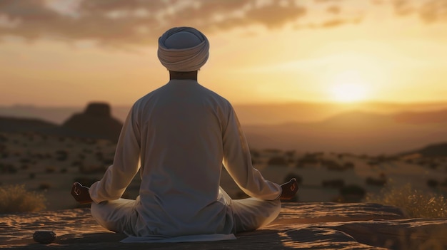 Uma figura solitária medita no deserto ao nascer do sol, abraçando a paz e a espiritualidade.