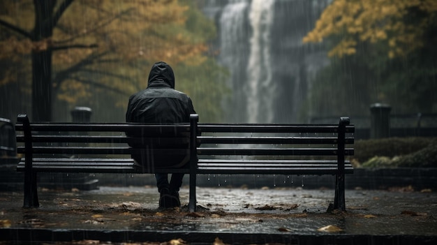 Foto uma figura solitária perdida na chuva em um parque deserto