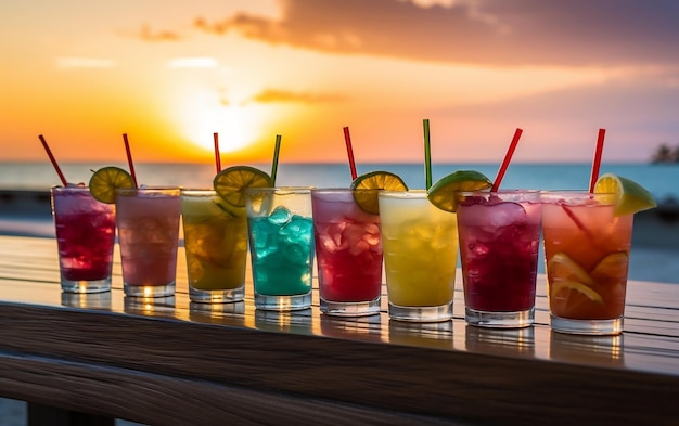 Uma fila de bebidas coloridas sentadas em cima de uma mesa de madeira AI