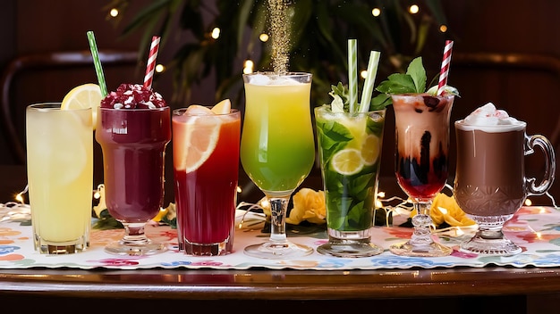 Foto uma fila de bebidas coloridas