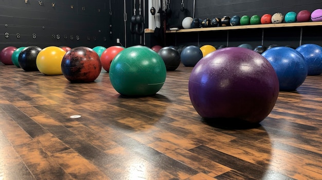 Uma fila de bolas de medicina de diferentes tamanhos e cores no chão