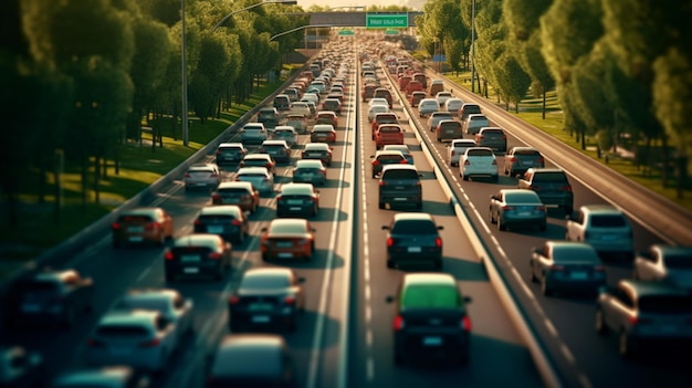 Foto uma fila de carros a conduzir para o trabalho no trânsito da hora de ponta