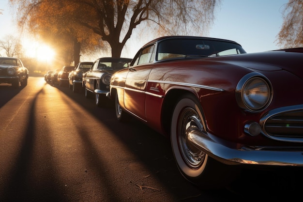 Foto uma fila de carros clássicos alinhados e brilhando à luz do sol criados com ia gerativa