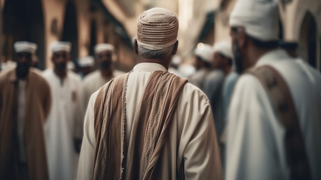 Uma fila de homens de chapéu está na fila de uma mesquita