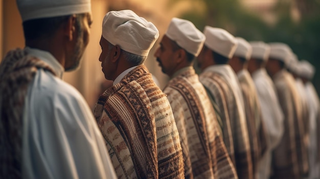 Foto uma fila de homens de chapéu está na fila de uma mesquita