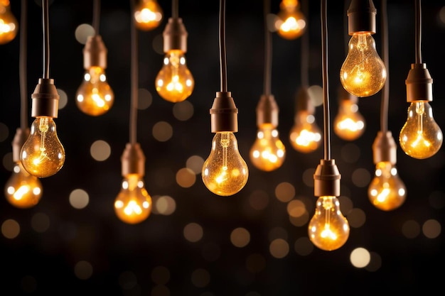 Uma fila de lâmpadas penduradas com as palavras " luz " no teto.