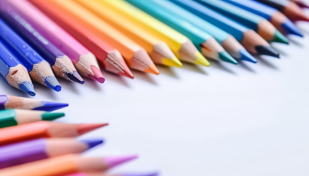Uma fila de lápis coloridos estão alinhados em um fundo branco