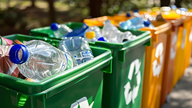 Foto uma fila de latas de reciclagem são colocadas do lado de fora em um parque. as latas são verdes, amarelas e azuis.