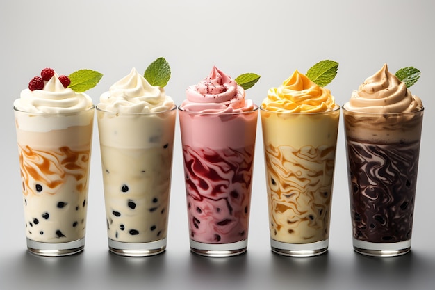 Uma fila de milkshakes coloridos com vários sabores cobertos de creme batido e bagas frescas