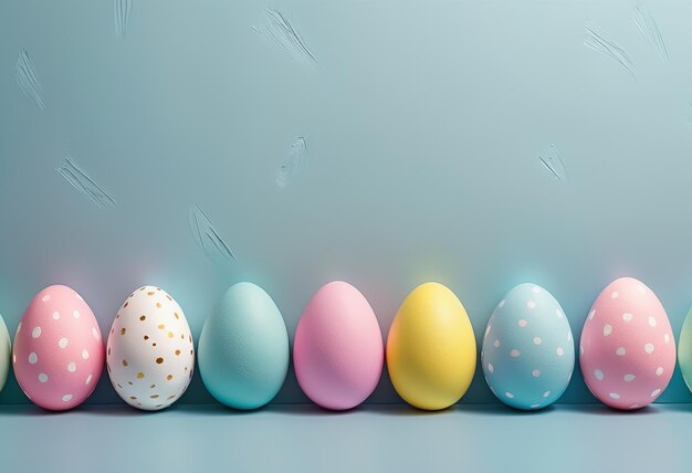 uma fila de ovos de Páscoa coloridos com um ponto branco na parte de baixo
