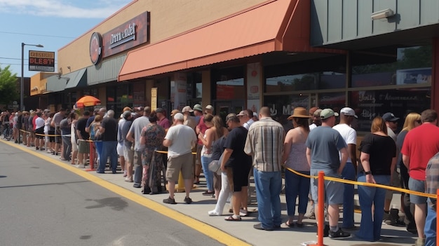 Foto uma fila de pessoas faz fila para comprar comida em uma loja.