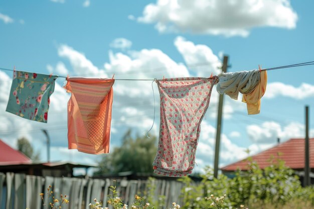 Foto uma fila de roupas penduradas numa linha de roupas