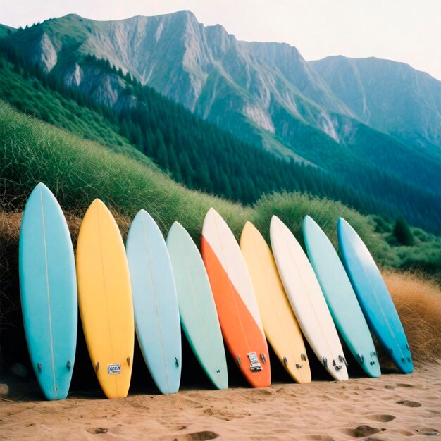 uma fila de tábuas de surf estão alinhadas em uma fila, uma das quais tem um logotipo na parte inferior