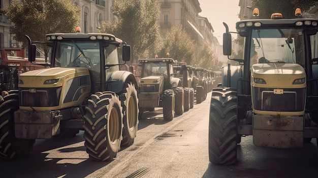 Uma fila de tratores numa rua da cidade protestam os agricultores na Europa criados com ai