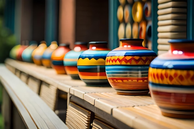 Foto uma fila de vasos coloridos estão alinhados numa prateleira de madeira.