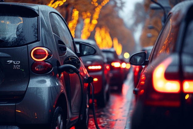 Uma fila de veículos estacionados cuidadosamente ao longo de uma rua movimentada na cidade Carros elétricos em um engarrafamento durante a hora de pico AI Gerado