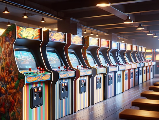 Uma fila de velhas máquinas de videogame de arcade em uma sala de jogos escura e vazia