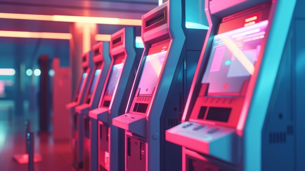 Uma fila vibrante de máquinas de arcade modernas brilhando em luzes de néon em uma sala escura