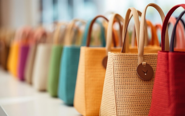 Uma fila vibrante de sacos coloridos descansando em um balcão elegante