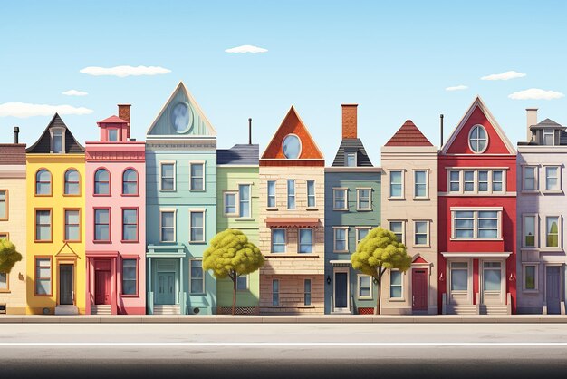 Uma fileira colorida de casas