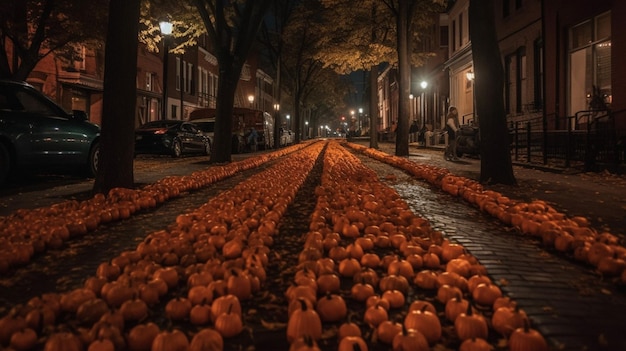 Uma fileira de abóboras se alinha em uma rua à noite.