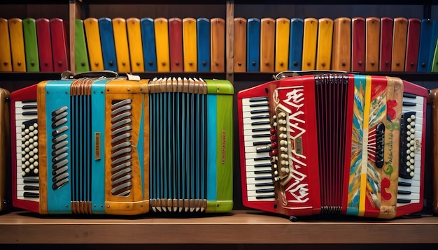 Foto uma fileira de acordeões coloridos empilhados cuidadosamente em uma prateleira em uma loja de música animada