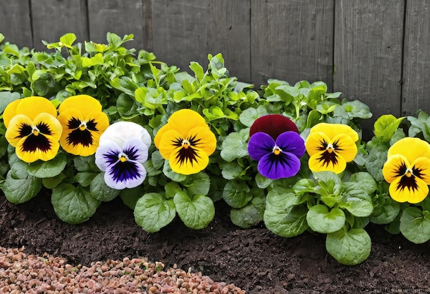 Uma fileira de amores-perfeitos coloridos em um canteiro de jardim IA generativa