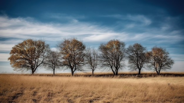 Uma fileira de árvores em um campo com um céu azul ao fundo