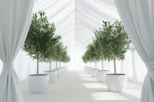 Uma fileira de árvores em vasos em vasos brancos com a palavra oliveira.