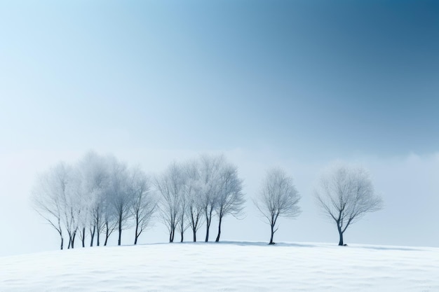 Uma fileira de árvores na neve