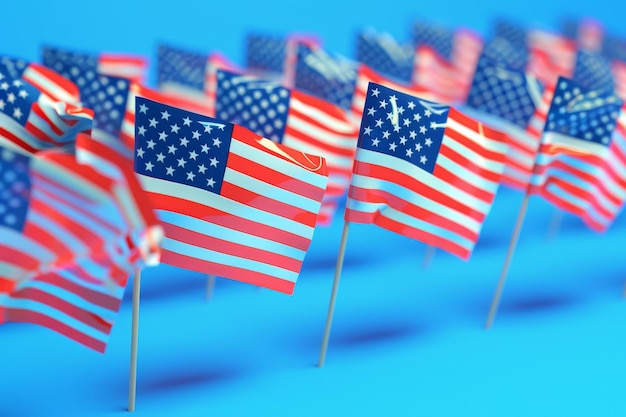 Uma fileira de bandeiras americanas estão alinhadas em um fundo colorido