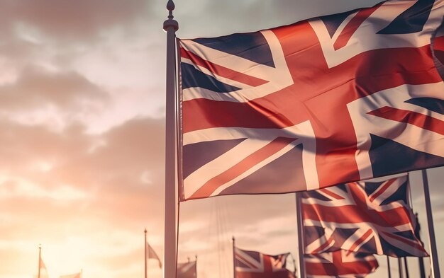 Uma fileira de bandeiras britânicas com a bandeira do reino unido